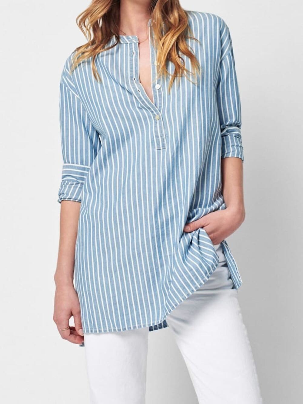Faherty Blue and White Striped Nautical Tunic Natural Button Up Blouse Size S